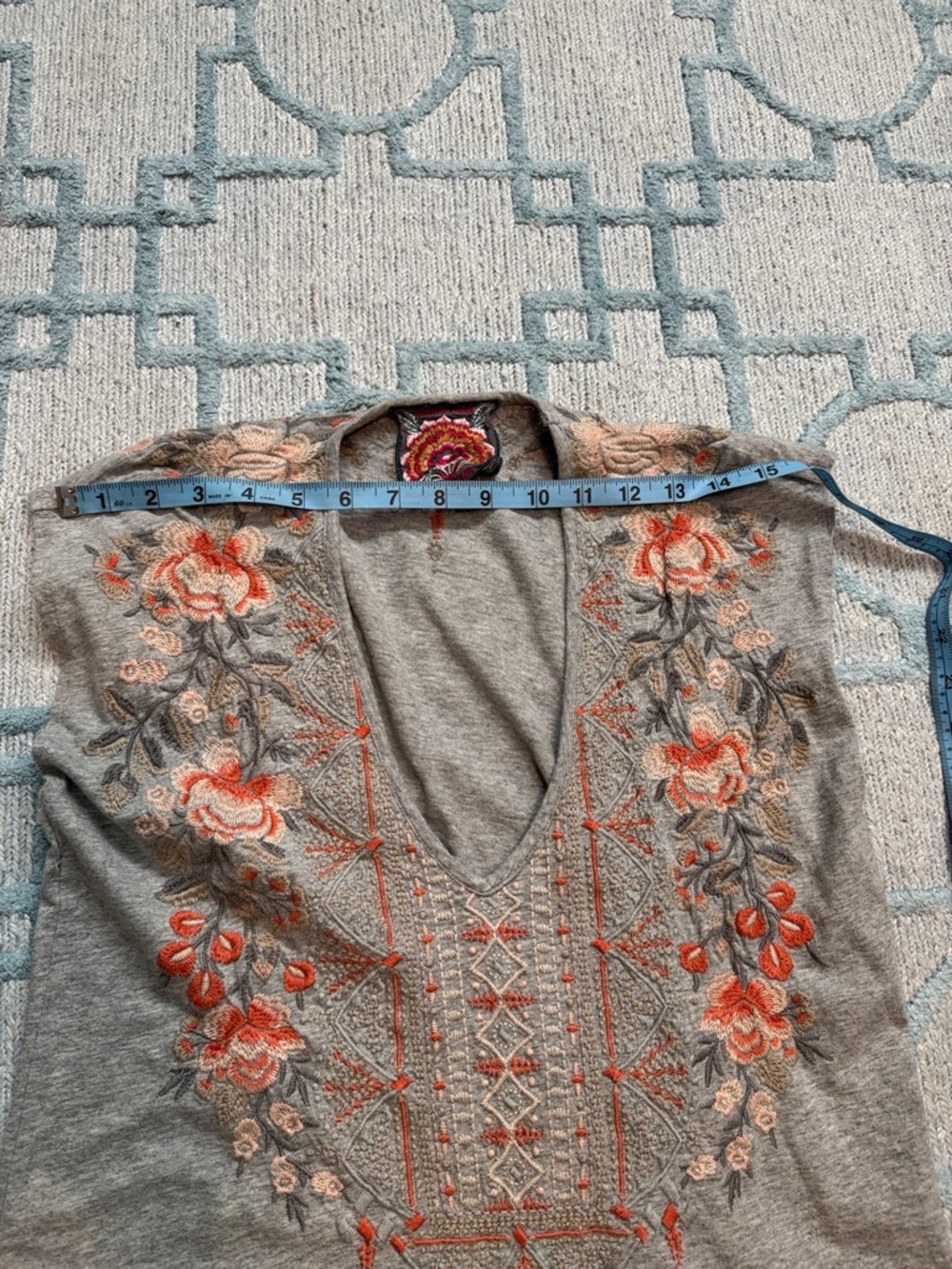 Johnny Was Gray Tank Top with Coral and Peach Embroidery - Picture 5 of 7